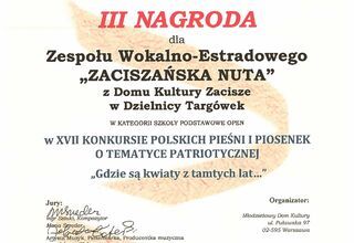 Dyplom dla zespołu wokalno-estradowego Zaciszańska Nuta