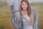 Obraz przedstawiający kobietę z białym koniem