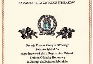 Bożenna Dydek i Dom Kultury Zacisze odznaczeni Srebrnymi Odznakami Honorowymi Zasłużonych dla Związku Sybiraków
