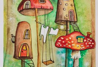 Obrazek malowany akwarelami ukazujący domki w kształcie grzybków