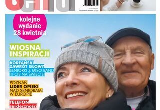 Okładka kwietniowego miesięcznika Gazety Senior. Uśmiechnięte twarze seniorów: kobiety i mężczyzny