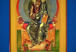 Ikona na środku Chrystus Tronujący a w tle jest Mandorla - symbol Bożej Chwały
