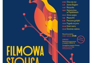Na granatowym tle papuga siedząca na gałęzi oraz harmonogram kina opisany w tekście poniżej Na granatowym tle papuga siedząca na gałęzi oraz harmonogram kina opisany w tekście poniżej