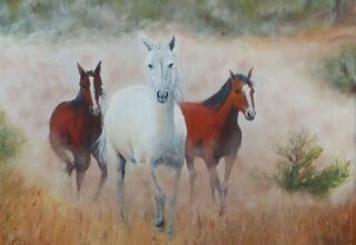 Obraz przedstawiający trzy konie w galopie