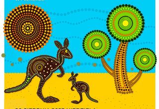 Plakat w kolorystyce niebiesko-żółtej z kangurami, drzewami wykonanymi techników kropkową