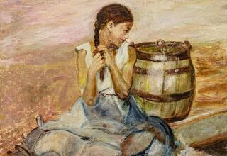 Obraz przedstawiający dziewczynę z warkoczem siedzącą przy beczce