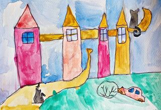 Praca akwarelowa przedstawiająca kolorowe domki