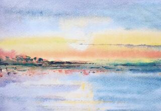 Obraz namalowany techniką akwareli przedstawiający morze i zachód słońca