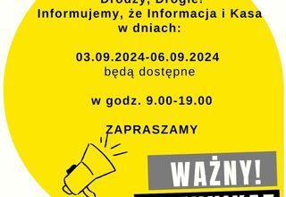 Grafika z żółtym kołem i komunikatem o godzinach pracy informacji i kasy