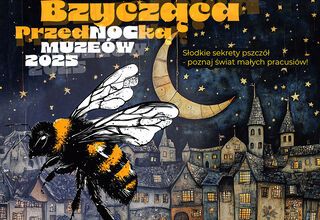 Grafika: Brzycząca Przednocka Muzeów, pszczoła unosząca się nad kamieniczkami
