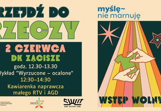 Grafika: Przejdź do rzeczy 2 czerwca 2025, dłonie trzymające zielony podkoszulek, na górze logo myślę nie marnuję