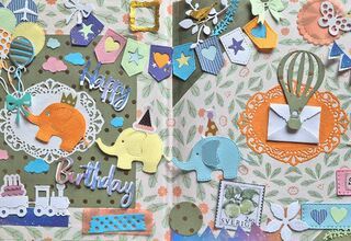 Zdjęcie: kartka wykonana  w technice scrapbookingu ze słonikami