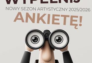 Grafika: wypełnij ankietę, tułów ludzika w garniturze, trzymający lornetkę