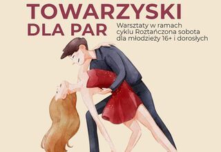 Grafika z tańczącą parą i ciemnoczerwonym napisem