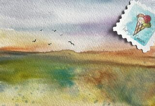 Zdjęcie: Pejzaż z łąką, ptakami i w rogu z lodem i napisem ice cream