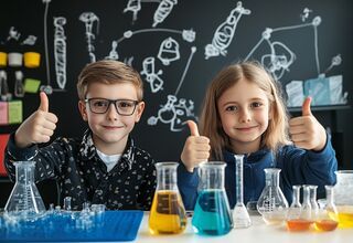 Zdjęcie: uśmiechnięci dziewczynka i chłopiec siedzą przez probówkami, z kolorowymi cieczami