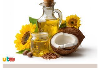 Plakat spotkania Klubu Zielarskiego. W buteleczce olej, obok pół kokosa i słoneczniki