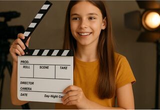 Zdjęcie: uśmiechnięta nastolatka z tabliczką światła kamera akcja, w tle lampa