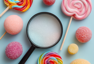 Zdjęcie: kolorowe słodycze na niebieskim tle z lupą i cukrem pod spodem na środku grafiki