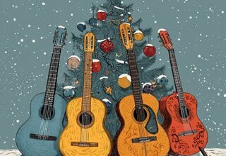 Grafika: cztery gitary kolorowe, oparte o choinkę