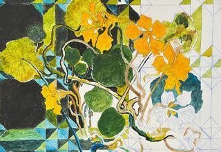 Zdjęcie: Obraz na wielobarwnym tle, żółte kwiaty i zielone łodygi