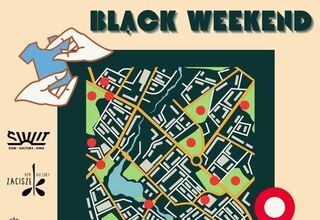 Grafika: plakat z napisem Przejdź do rzeczy z mapą na żółtym tle