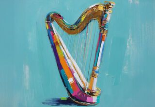 Zdjęcie: kolorowa harfa na turkusowym tle