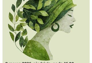 Plakat: Na jasnozielonym tle głowa kobiety w zielonej chustce z listkami