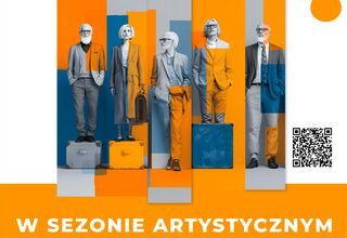 Plakat: zostań instruktorką/instruktorem w sezonie artystycznym 2026/2027, pięć dorosłych osób stojących na skrzyniach, pomarańczowe tło