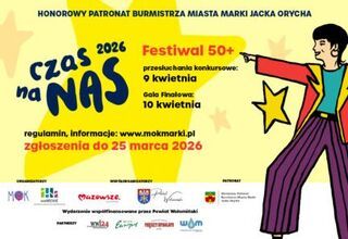 Plakat festiwalu Czas na Nas. Na żółtym tle czarne napisy, po prawej stronie postać mężczyzny w fioletowych spodniach i czerwonej marynarce