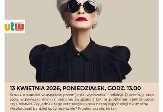 Zdjęcie plakatu spektaklu, siwa kobieta z wymalowanymi ustami na czerwono