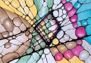 rysunek neurograficzny w różnych kolorach: niebieskim, różowy, żółtym, zielonym i brązowym z wyraźniejszymi, grubszymi liniami pośrodku w czarnym kolorze