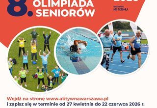Plakat  Napis na czerwonym tle 8. Warszawska Olimpiada Seniorów, na białym w kółkach zdjęcia seniorów
