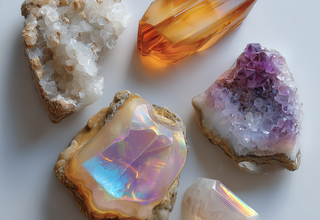 Zdjęcie: kilka kolorowych minerałów o różnej strukturze na jasnym tle