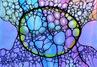 Zdjęcie: rysunek neurograficzny w różnych kolorach: niebieskim, fioletowym, różowy i zielonym z wyraźniejszymi, grubszymi liniami pośrodku w czarnym kolorze