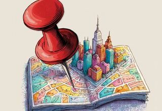 Grafika: czerwona pinezka na otwartym albumie z którego wystają budowle