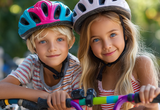 Zdjęcie: uśmiechnięci chłopiec i dziewczynka w kaskach rowerowych trzymający kierownicę od roweru w dłoniach