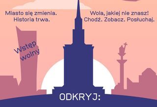 Plakat: Na różowym tle na środku  granatowy zarys budynku Pałacu Kultury i Nauki, po prawej stronie ciemnoróżowy zarys kolumny Zygmunta, po lewej wieżowca