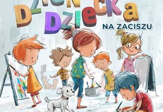 Grafika: kolorowy napis na Dzień Dziecka na Zaciszu, dzieci podczas malowania, pośród nich małych piesek