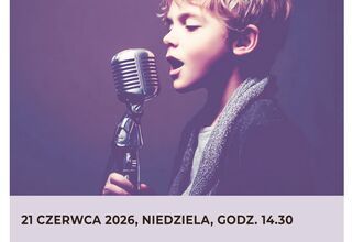 Plakat: Koncert Magia dziecięcej piosenki, grafika: kilkuletni chłopiec, blondyn przy mikrofonie