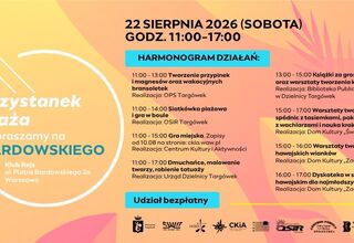 Grafika: Przystanek plaża zapraszamy na Bardowskiego, harmonogram działań, udział bezpłatny, na dole logotypy partnerów, tło pomarańczowe
