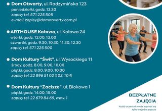 Plakat zajęć Gimnastyka dla Seniorek i Seniorów, w kółkach zdjęcia ćwiczących seniorek i seniorów