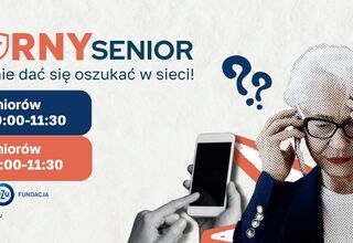 Plakat Oporny Senior. Kobieta rozmawiająca przez telefon, obok zaproszenie na webinaria