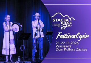 Grafika: Festiwal Stacja Bieszczady, 21-22 listopada 2026, kobieta i mężczyzna z instrumentami, fioletowa grafika