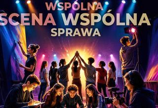 Grafika: wspólna scena wspólna sprawa, na dole grupa uśmiechniętych młodych osób