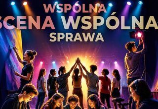 Grafika: wspólna scena wspólna sprawa, dzieci i młodzież na scenie, z rękoma podniesionymi do góry