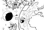 Czarno-biały rysunek przedstawiający superbohatera przeganiającego koronawirusa. W tle Ziemia.