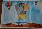 Obrazek namalowany przez dziecko. Na obrazku znajdują się ludzie latajacy balonami, a pod nimi autobusy.