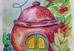 Domek w kształcie naczynia pośród roślin. Obraz malowany akwarelami.