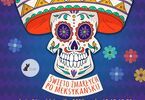 Plakat promujący święto zmarłych po meksykańsku. Na plakacie czaszka z kapeluszem w meksykańskim stylu.